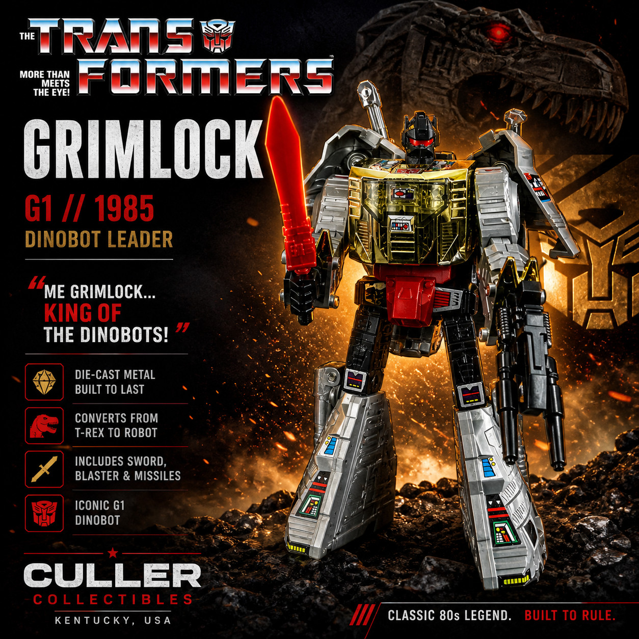 G1 1985 GRIMLOCK • 100% COMPLETE • VINTAGE G1 TRANSFORMERS