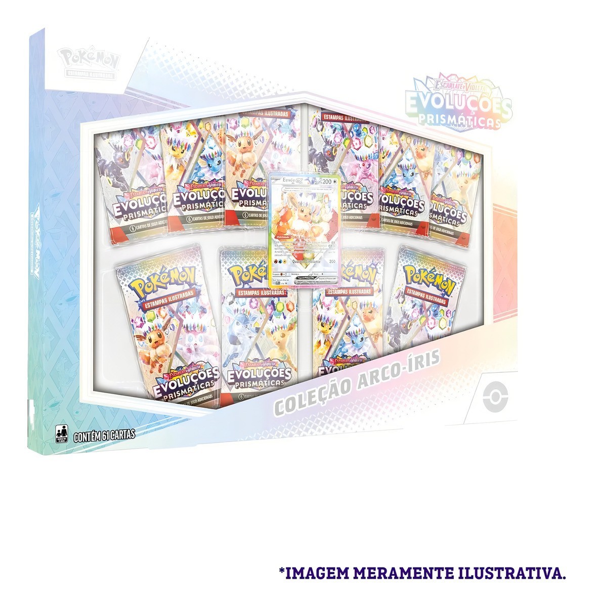 Pokemon Box Prismatic Evolutions Rainbow Eevee Collection 61 Card Brazilian Game