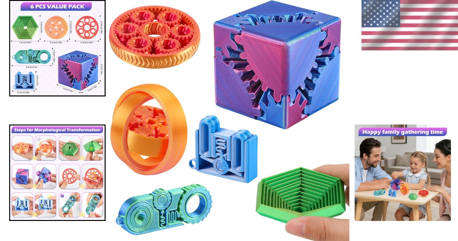 Multicolor 3D Printed Transforming Toys – 6-Piece Desktop Set for Kids & Adults