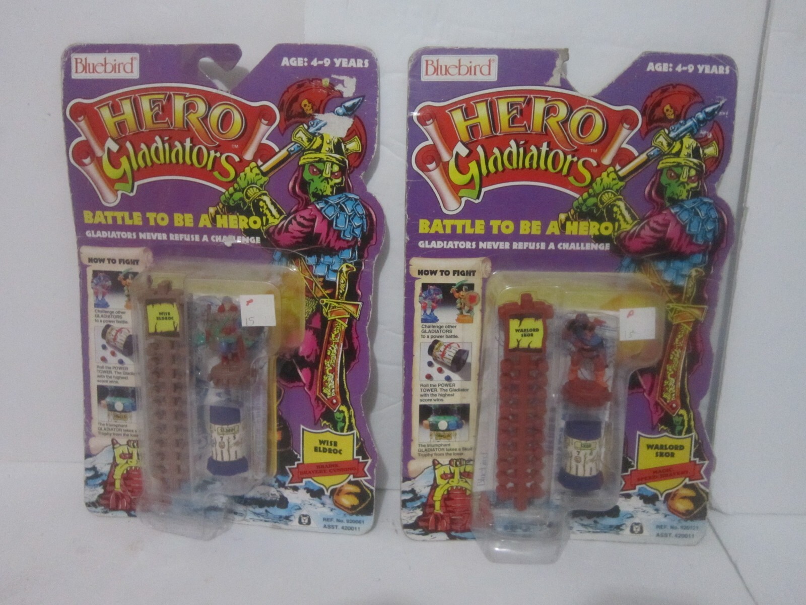 Lot – 2 Unopened ’91 Bluebird Hero Gladiators figures Warlord Skor + Wise Eldroc