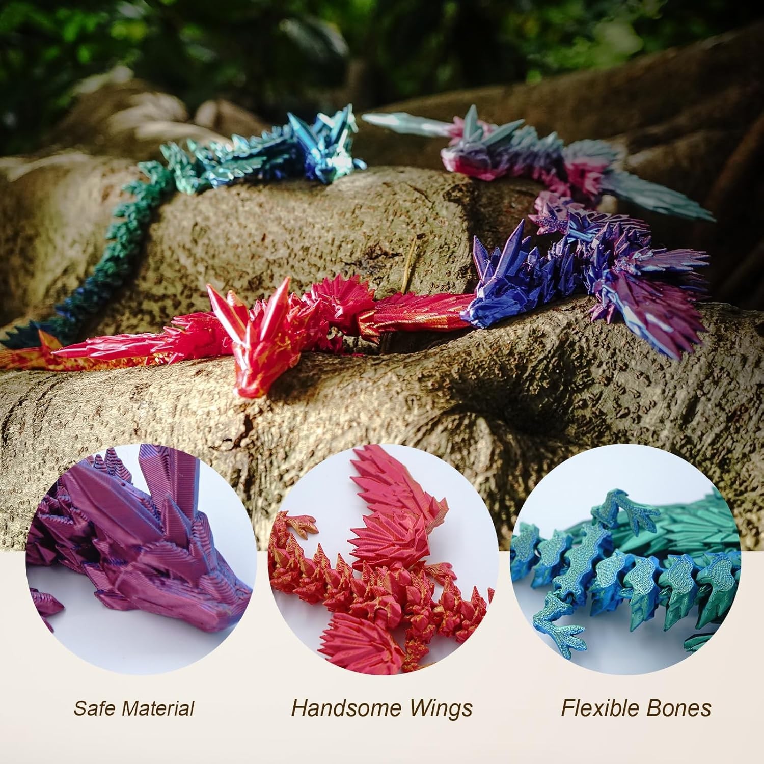 3 PCS 3D Printed Dragon with Wings, 3D Dragon 9″ Articulated Winged Dragon for H
