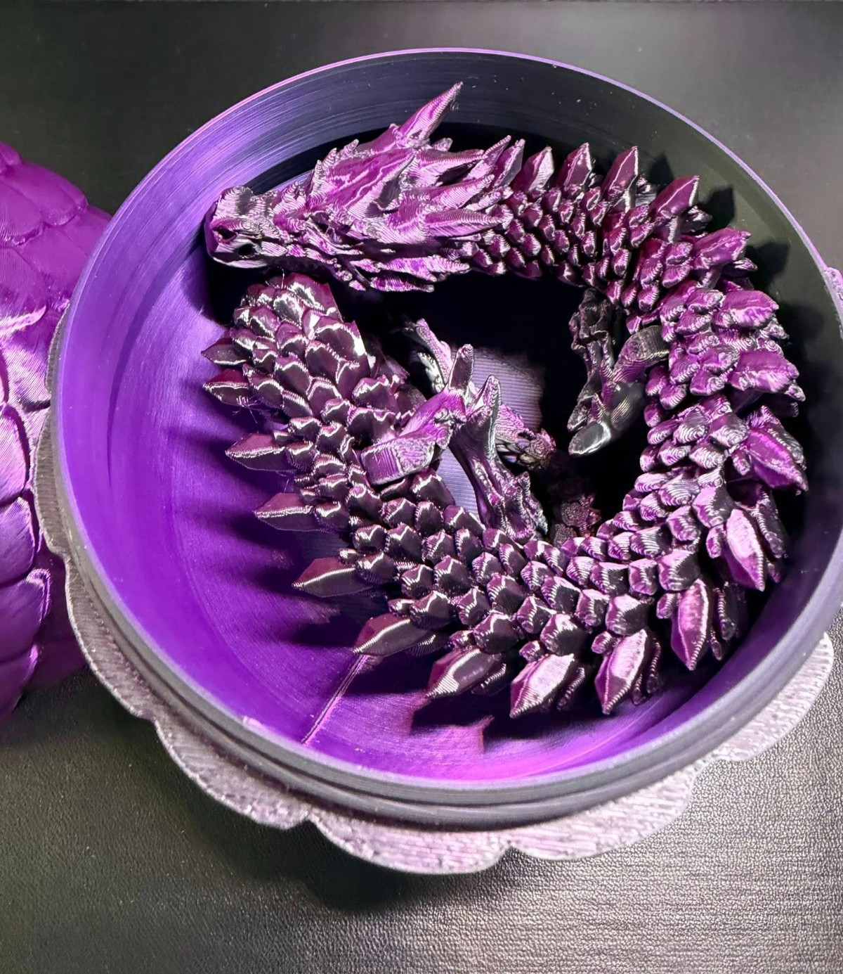 🐉🔥 3D Printed 15″ Articulated Dragon With Egg 🌙 Black Purple Silk PLA