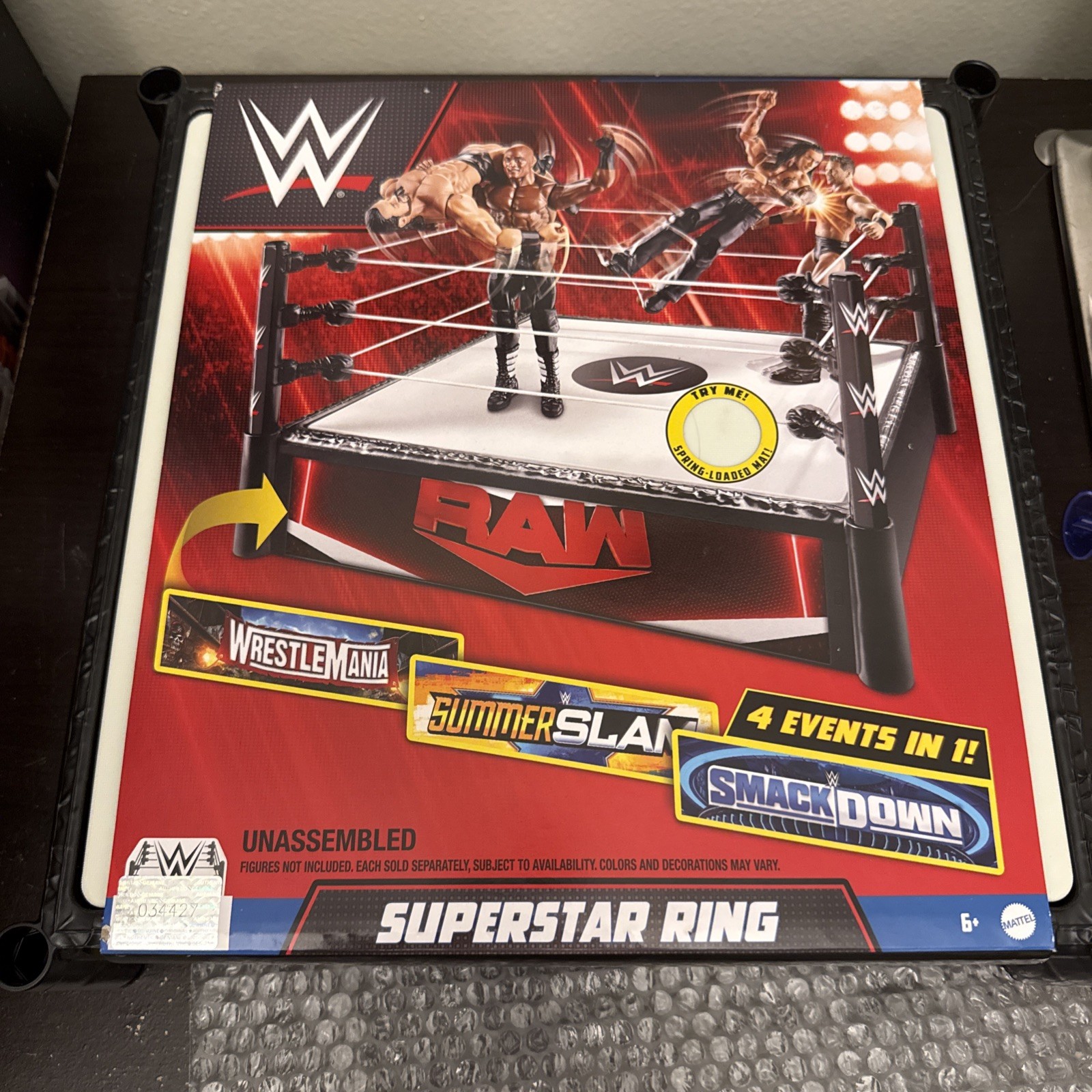 WWE Superstar Ring 14″ Spring-Loaded Mat Pro-Tension Ropes 4 Events in 1 Playset