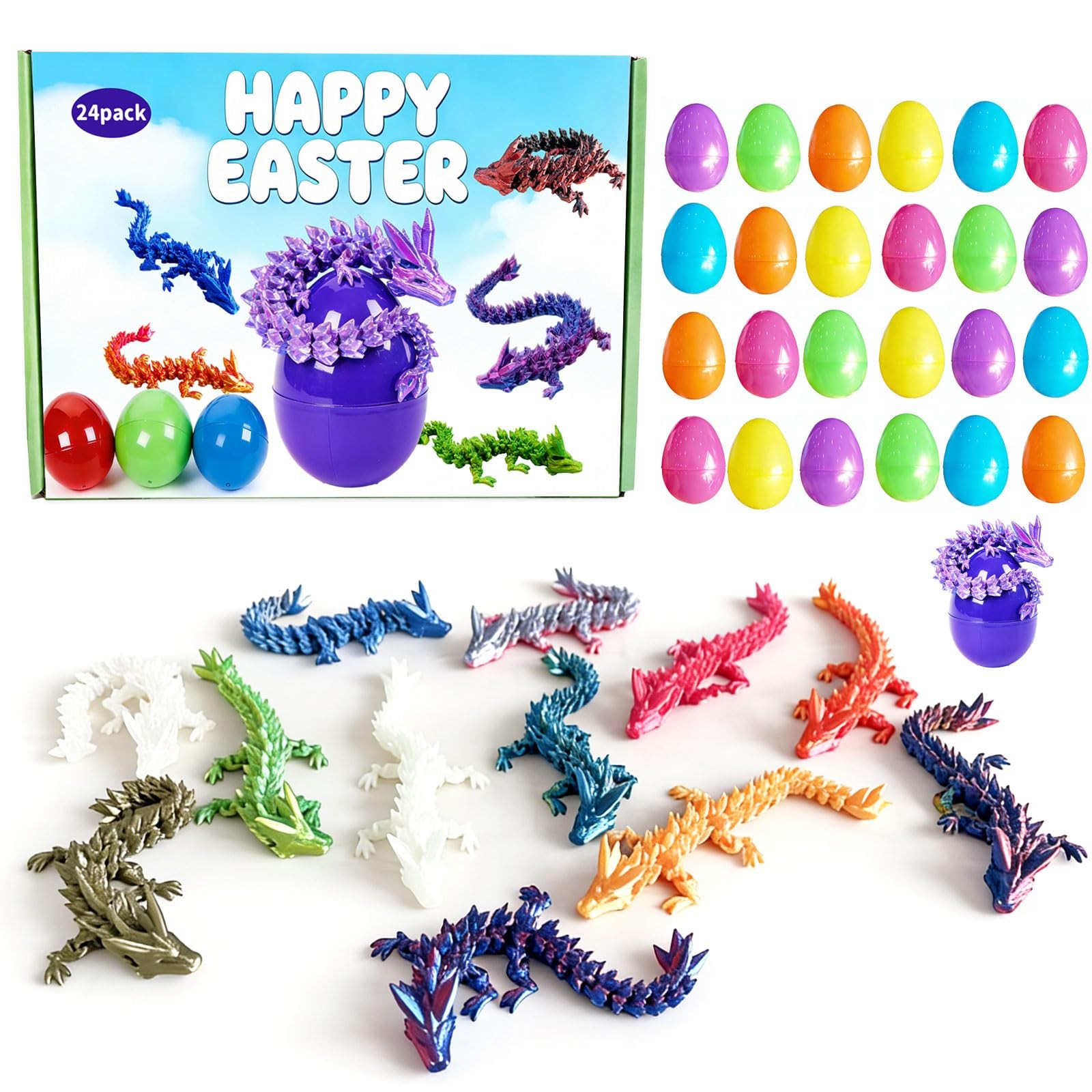 24Pcs Easter Eggs with 3D Printed Dragons Inside,Articulated 3D Printed Drago…
