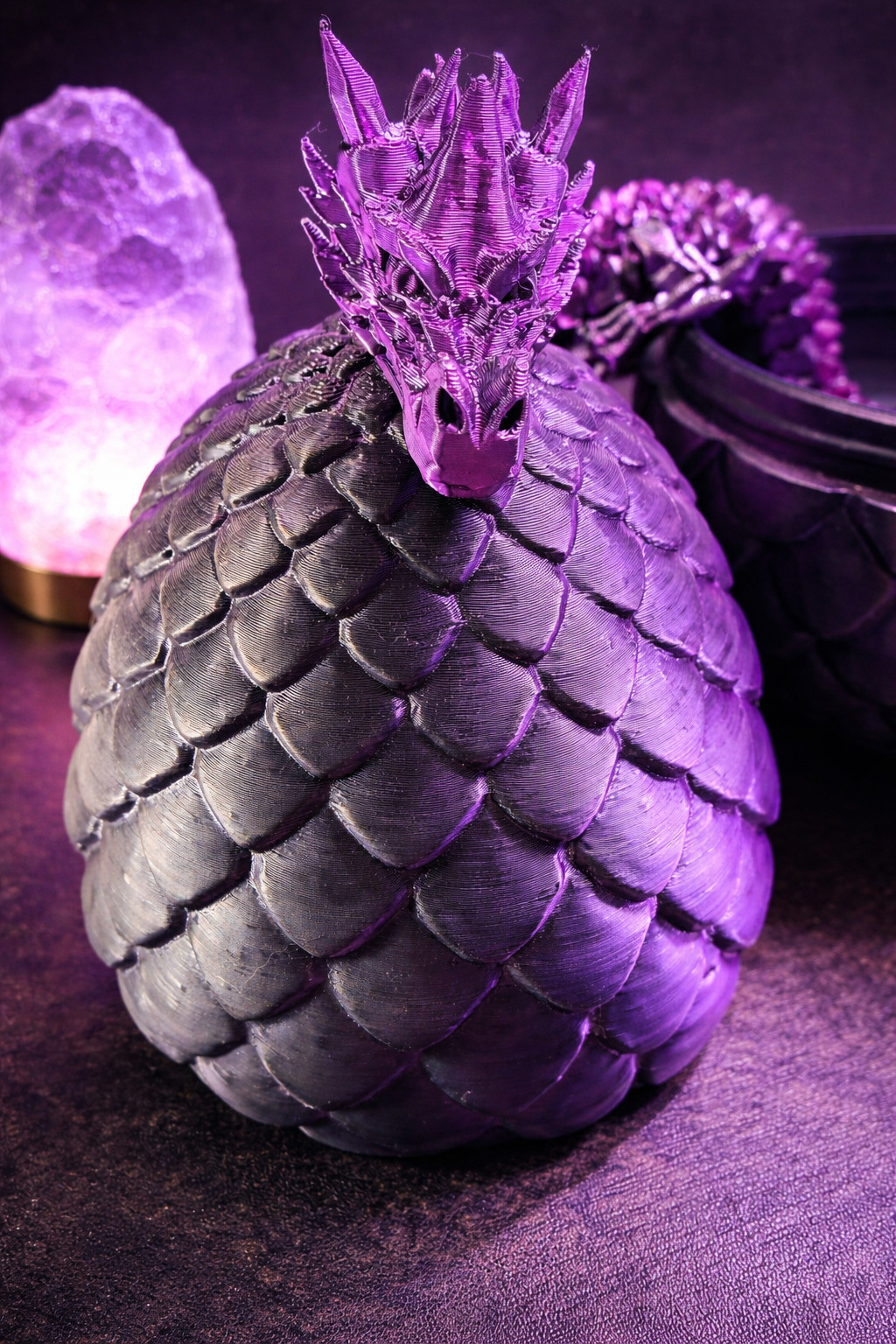 🐉🔥 3D Printed 15″ Articulated Dragon With Egg 🌙 Black Purple Silk PLA