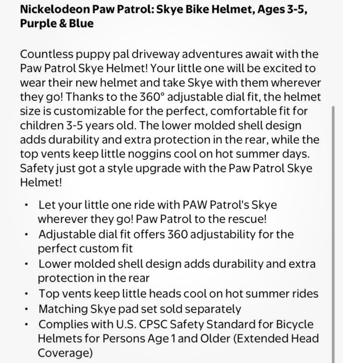 Schwinn Paw Patrol Skye Kids Bike Helmet Adjustable Girls 3-5 Years Purple Pink