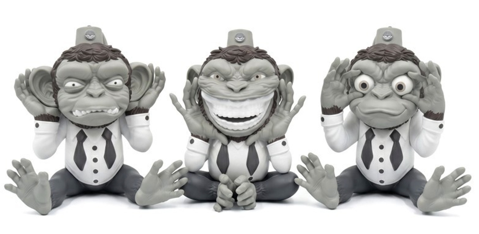 Ron English More Evil Monkeys 6″ Set 3 Gray Monotone Vinyl Art Toy EACH SIGNED!