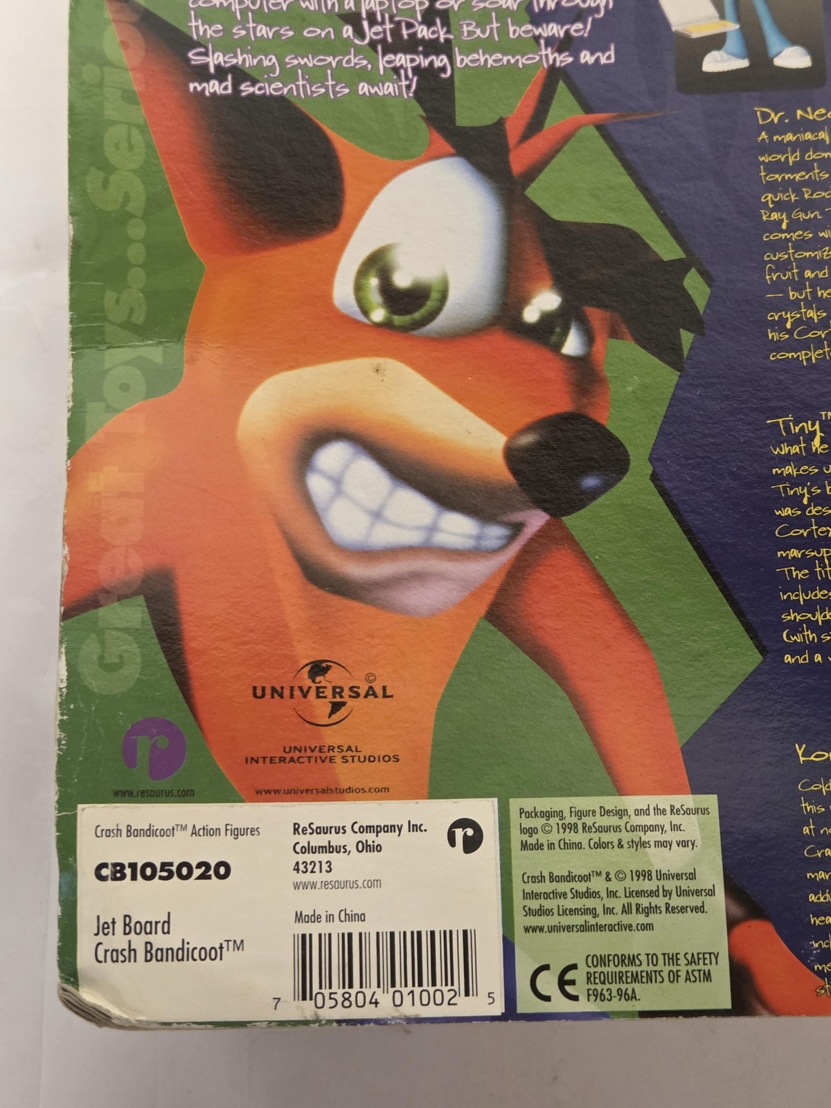 Vintage 1998 ReSaurus Crash Bandicoot Jet Board Action Figure Boxed Carded