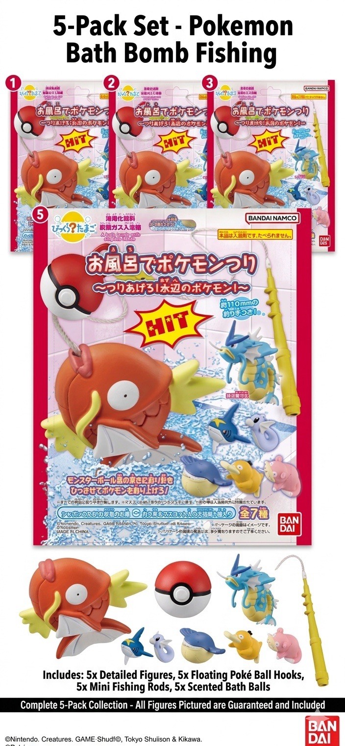 Bandai Pokemon Bath Bomb Fishing Game 5-Pack Set Water Pokemon Figure Surprise