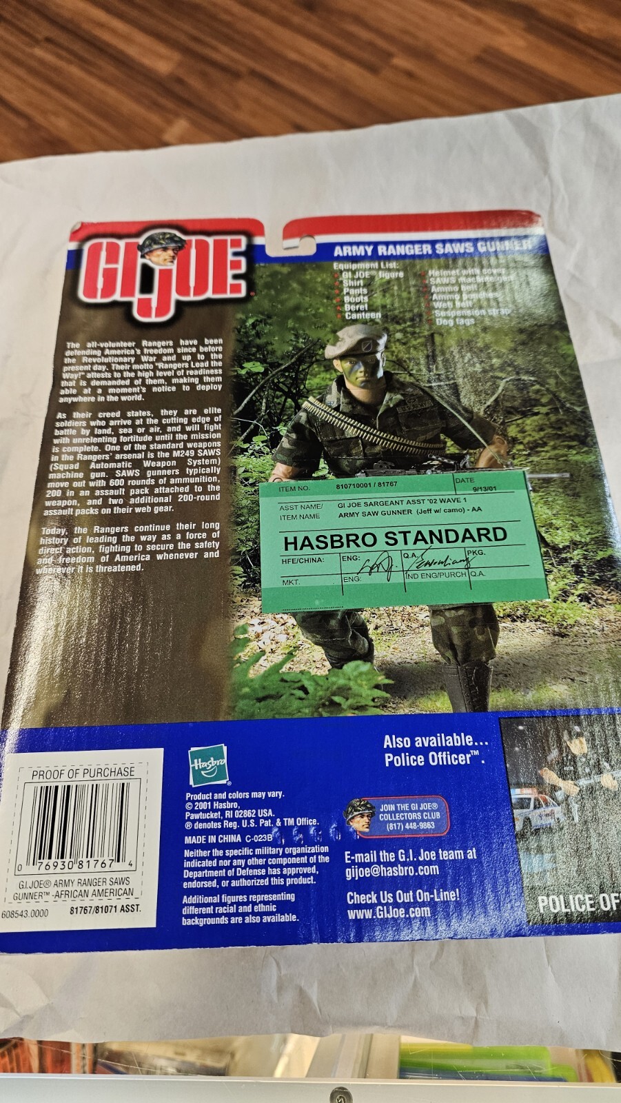 GI JOE, 2001 Army Ranger SAWS Gunner, NIB, AA, WITH HASBRO STANDARD QA CARD
