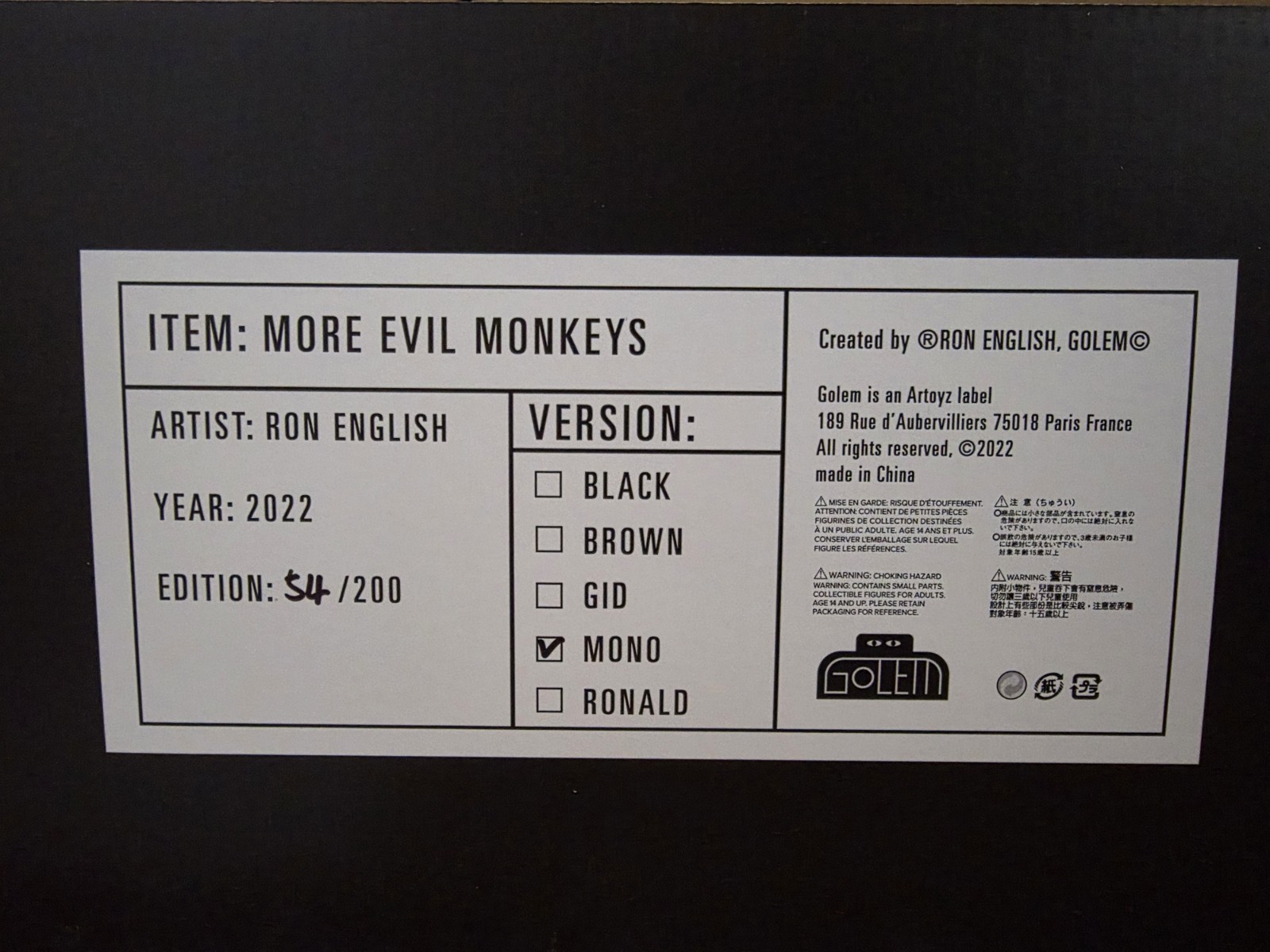 SIGNED More Evil Monkeys MONOTONE GRAY Vinyl Figure RON ENGLISH LE 54/200